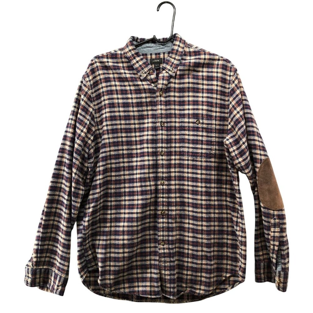 J. Crew Flannel‎ Shirt Mens L Elbow Patch Brown Blue Plaid Long Sleeve